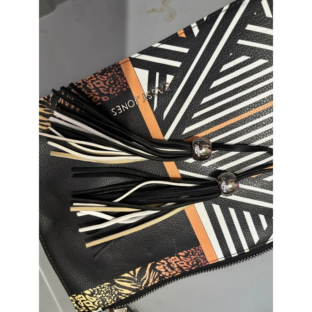 Sassy Jones Clutch Zippered Purse Handbag Black White Orange Animal Print Tassel
